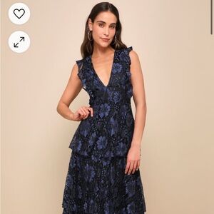 NWT Lulus Molinetto Navy Blue Lace Ruffled Tiered Sleeveless Maxi Dress